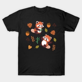 Cute Red Panda Bears Bamboo Autumn Leaves T-Shirt